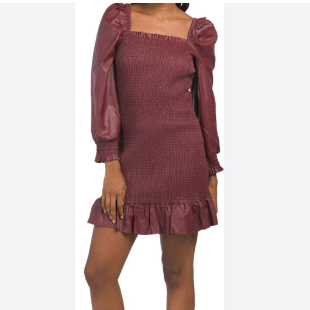 7 For All Mankind Faux Leather  Smocked burgundy Ruffle‎ Mini Long Sleeve Dress